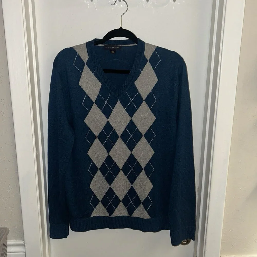 Banana Republic Blue Argyle V-Neck Silk Cashmere Blend Preppy Sweater Medium